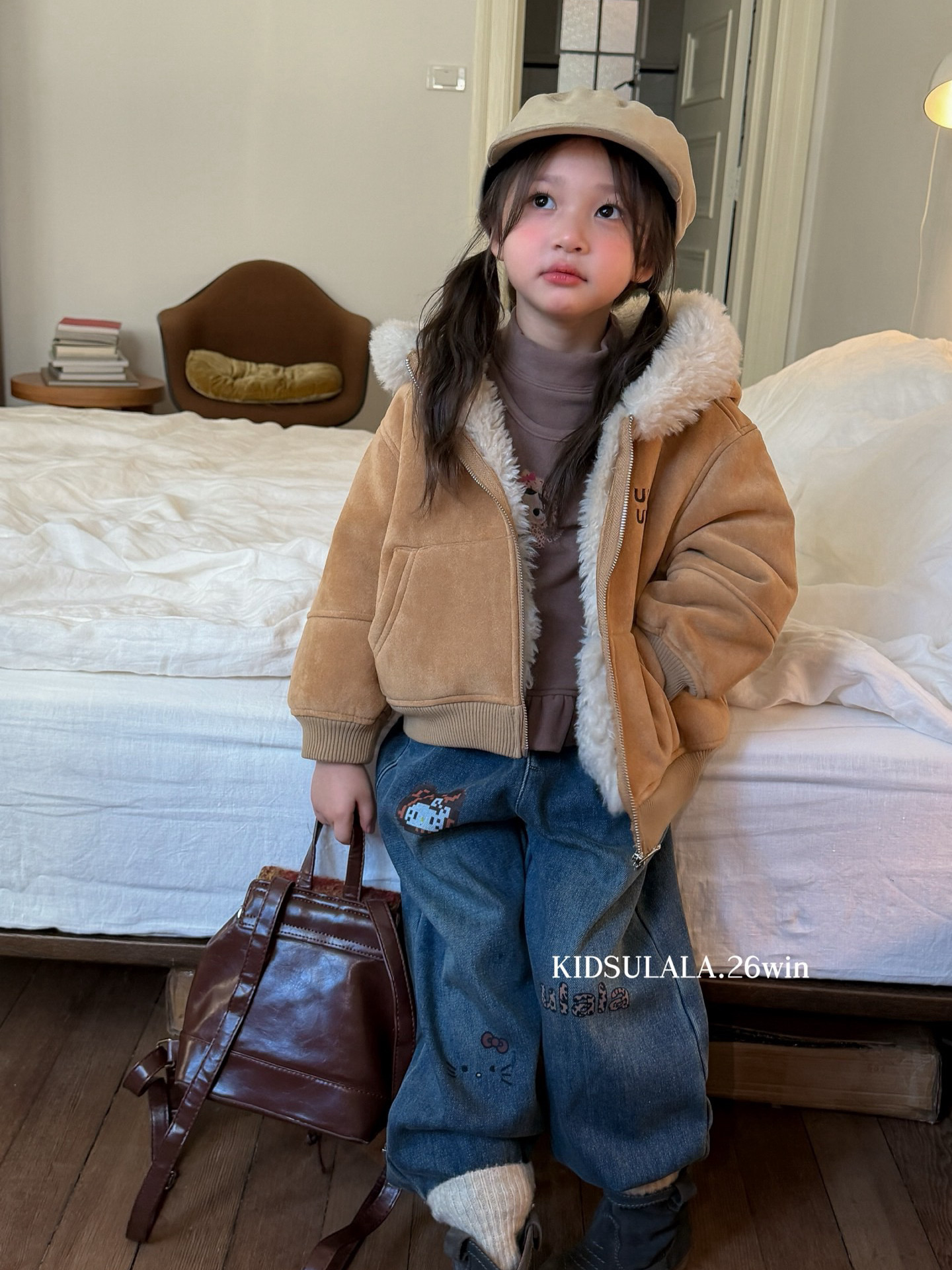 凡妈童装秋冬新款女童中小童韩系厚打底衫加绒牛仔裤连帽毛毛外套