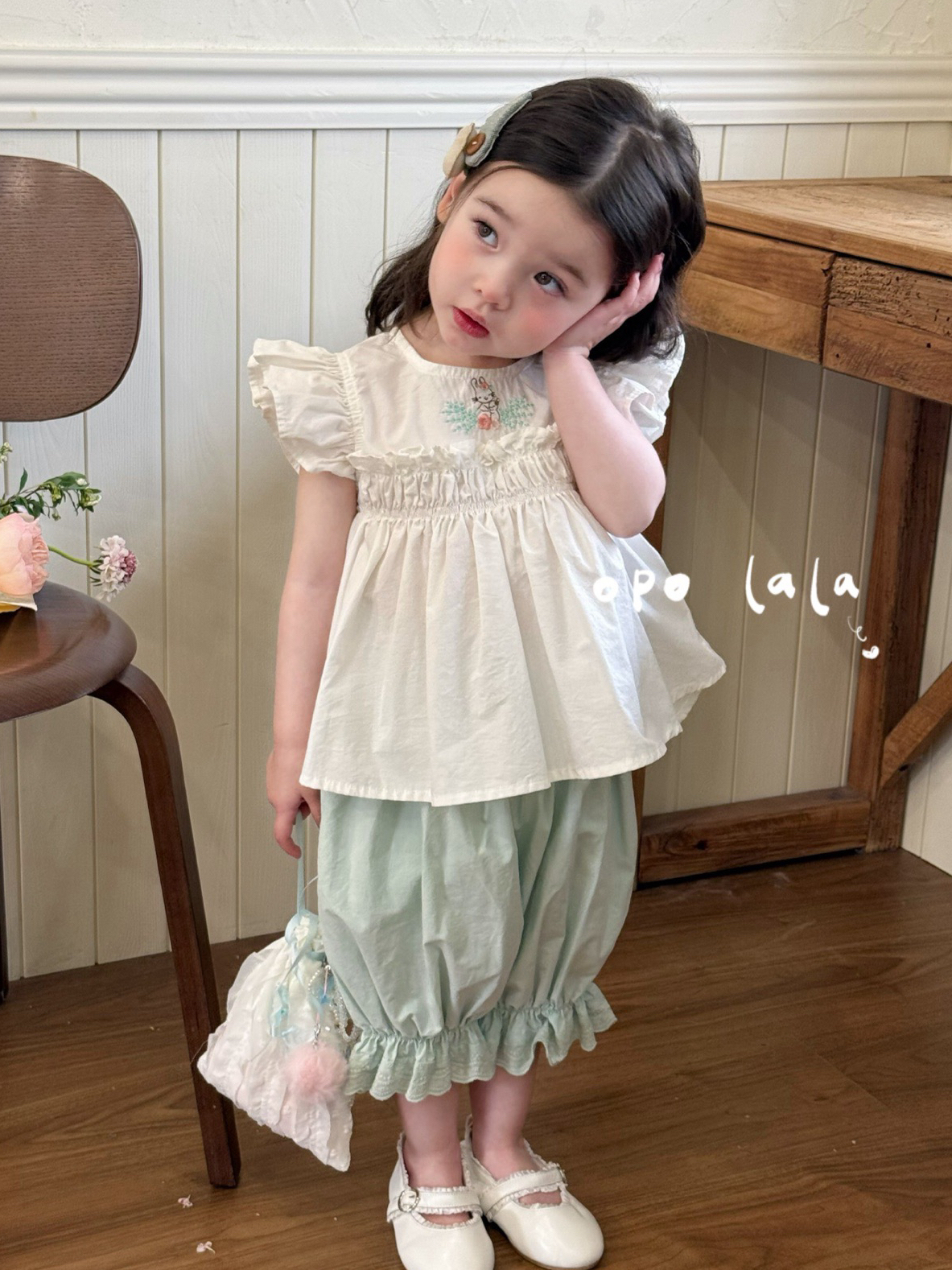 凡妈童装2025夏新款女童小童韩版纯棉兔子刺绣娃娃衫衬衫灯笼中裤