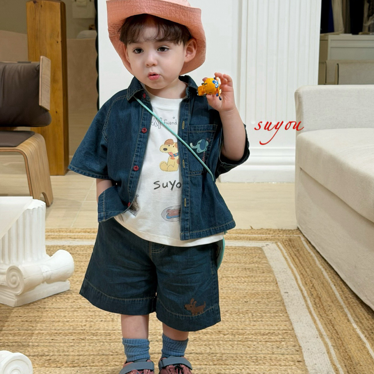 凡妈童装26夏季新款男童小童韩版卡通背心薄牛仔衬衫短裤套装两件