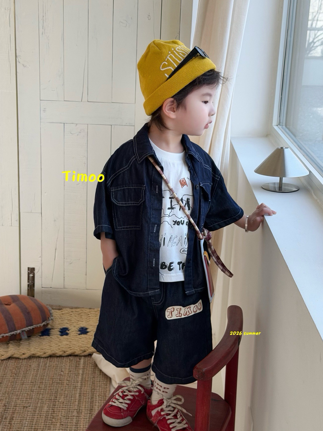 凡妈童装26夏季新款男童小童韩版背心柔软薄牛仔衬衫短裤休闲套装