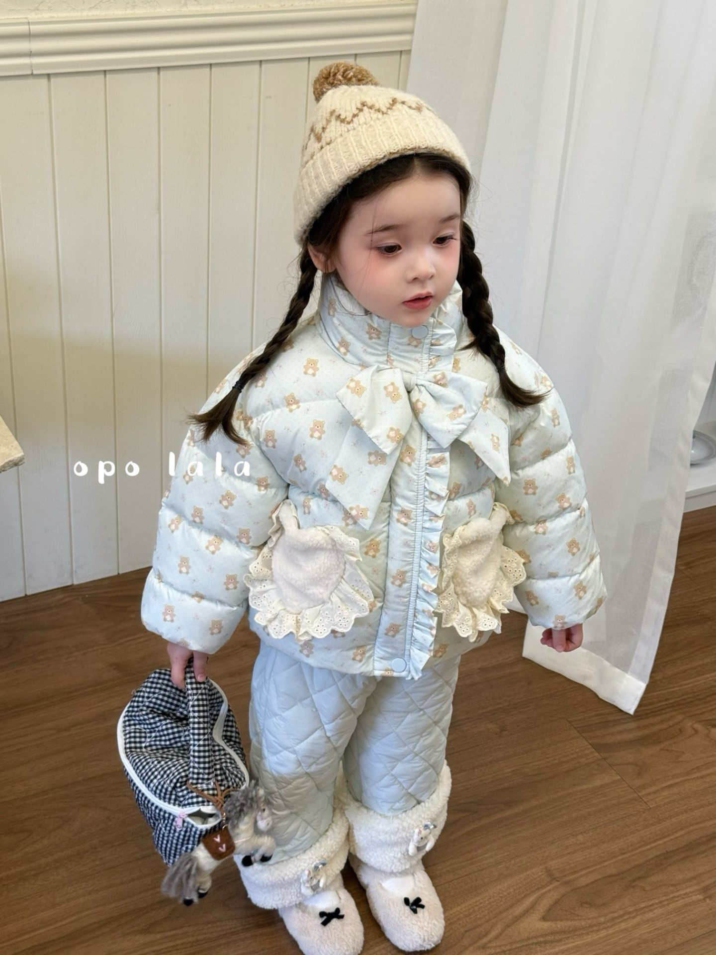 凡妈童装25冬季新款女童小童韩版可爱小熊蝴蝶结棉服外套棉裤长裤