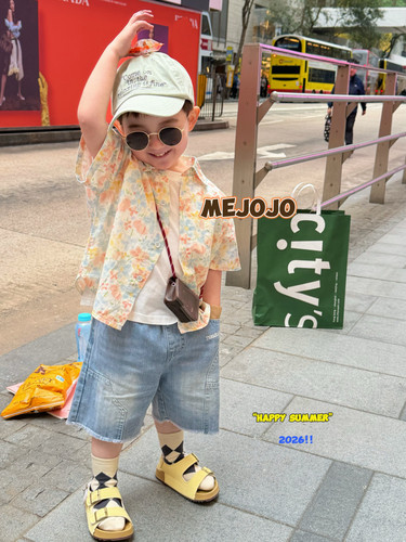夏季男童韩版牛仔中裤印花衬衫