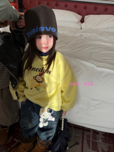 凡妈童装26秋冬新款女童小童韩版加绒休闲牛仔裤香蕉猴子加绒卫衣