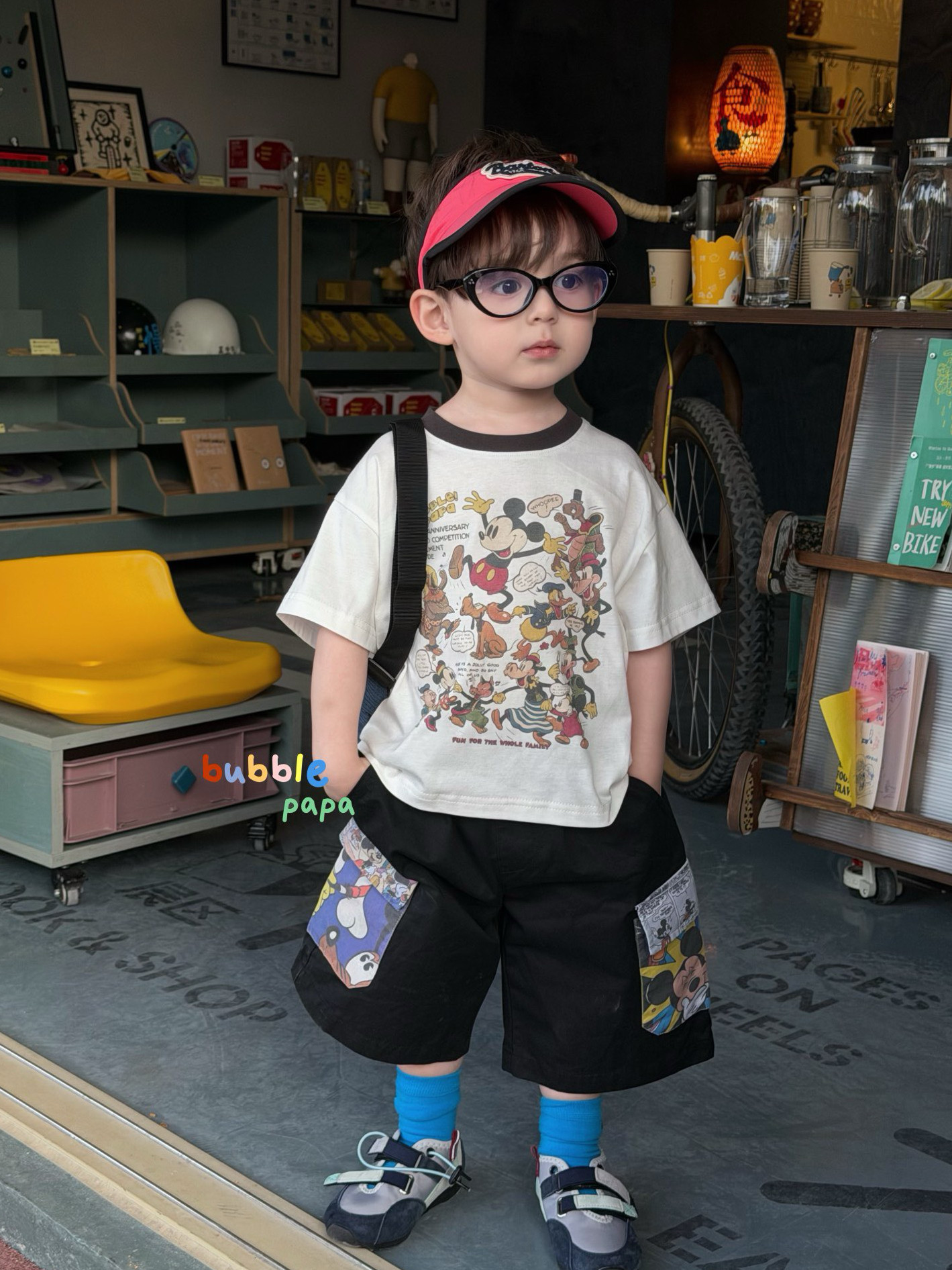 凡妈童装2026夏季新款男童小童韩版拼色口袋休闲中裤米奇动漫T恤