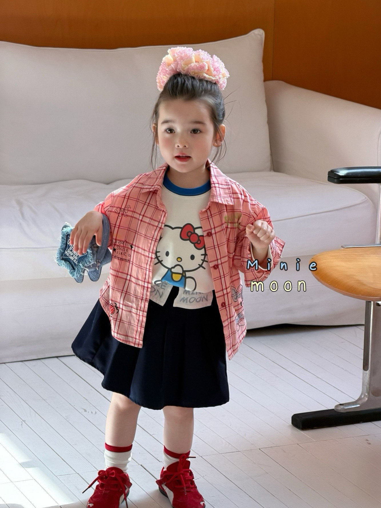 凡妈童装2026春夏新款女童小童韩版格子衬衫KI猫长袖T恤休闲半裙