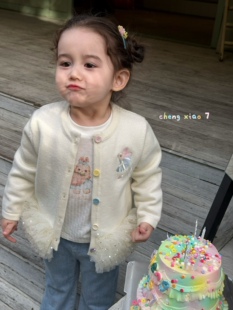 凡妈童装2026春款女童小童韩版亮片网纱针织开衫打底衫玩偶牛仔裤