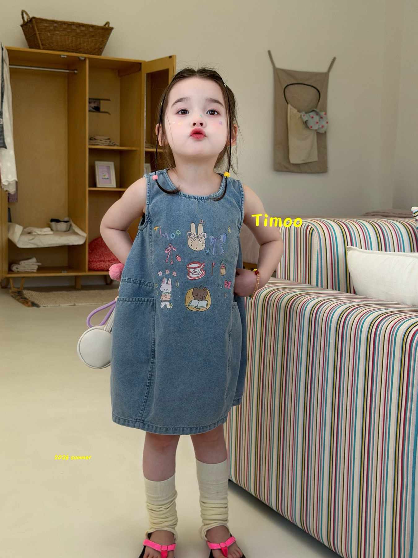 凡妈童装26夏新款女童小童韩版可爱卡通柔软牛仔背心中长裙连衣裙