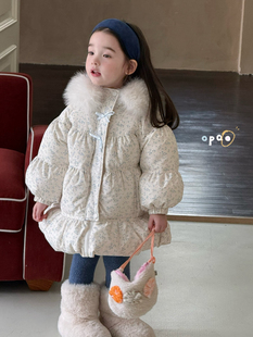 凡妈童装25冬季新款女童小童韩系碎花蝴蝶结精灵帽毛领羽绒服外套