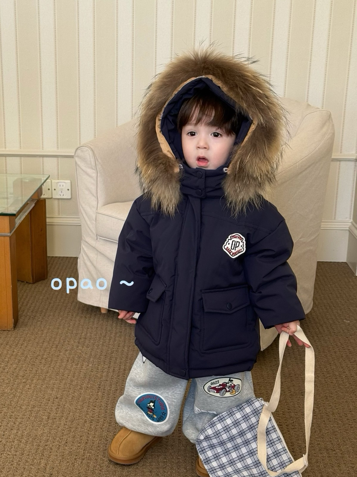 凡妈童装25冬季新款男童女童小童韩版休闲风大毛领防风羽绒服外套