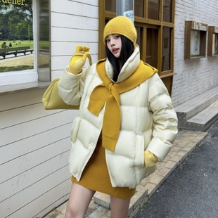 2025新款今年流行爆款撞色针织连帽小个子短款羽绒服女中长款冬季