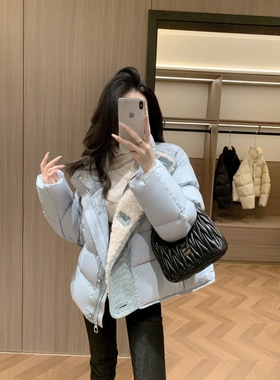 冬季新款韩版翻领羊羔毛90白鸭绒拼接羽绒服女设计感休闲加厚外套