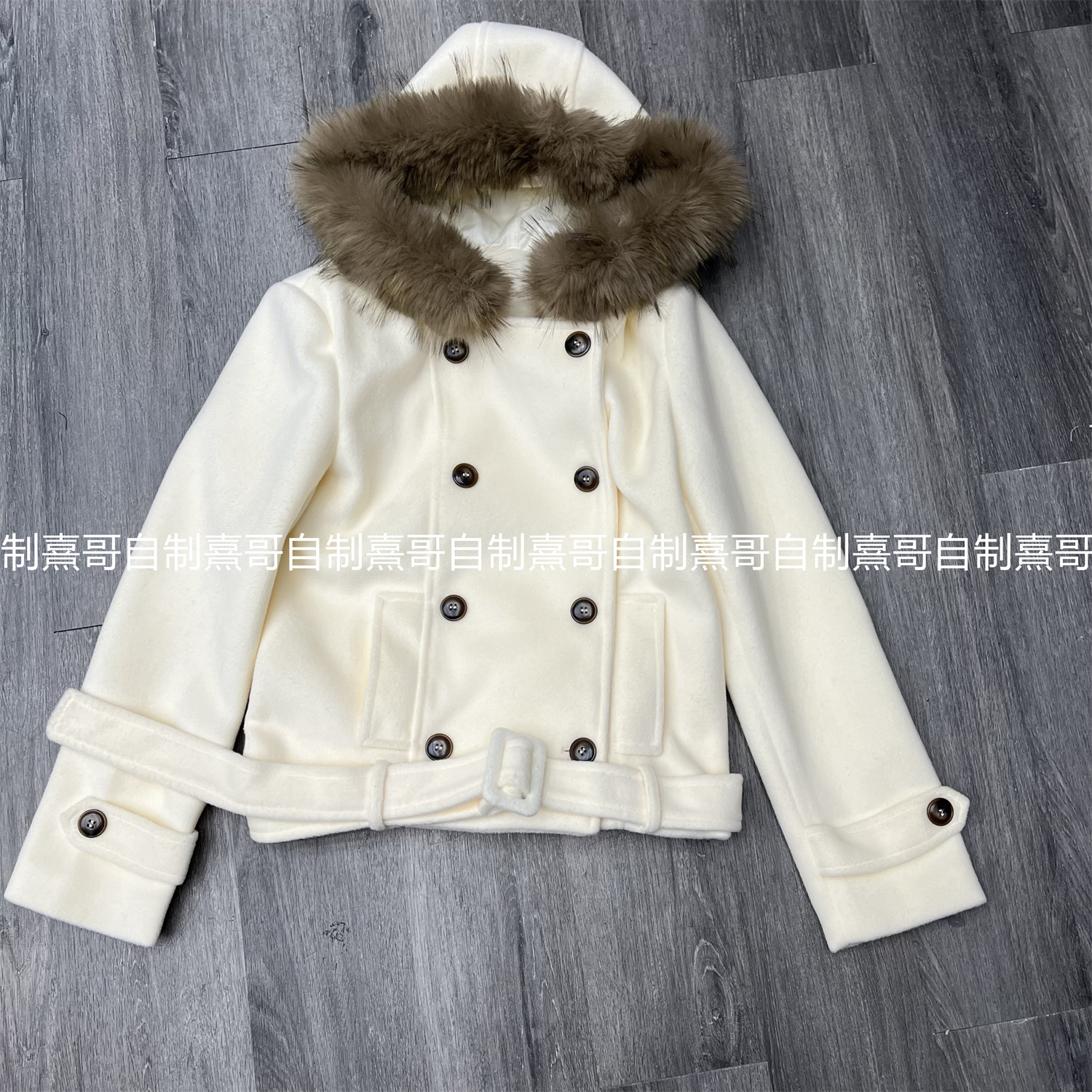 韩系复古毛领双排扣短款毛呢外套女冬季连帽收腰加厚腰带气质外套