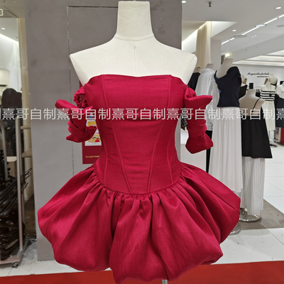 越南高级感一字肩高收腰泡泡连衣裙甜美蝴蝶结鱼骨蓬蓬纱小礼服裙