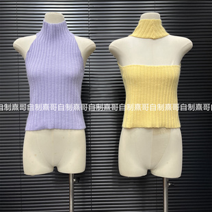 纯欲风挂脖高领针织背心女秋季新款修身显瘦内搭打底衫无袖上衣潮