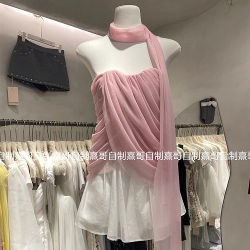 法式一字肩皱皱叠层收腰显瘦搭丝带两件套上衣+高腰半身裙套装女