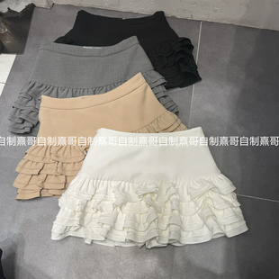 冬季新款设计感洋气时尚百搭甜美拼接百褶荷叶边显瘦半身裙女短裙