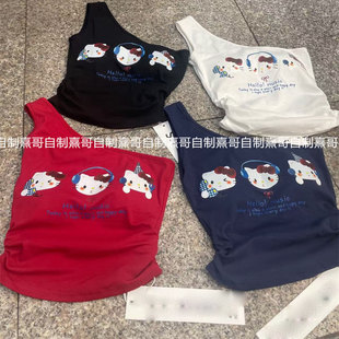 t恤圆领上衣 甜酷穿搭美式 单肩小背心女秋季 辣妹外穿纯色短款 无袖