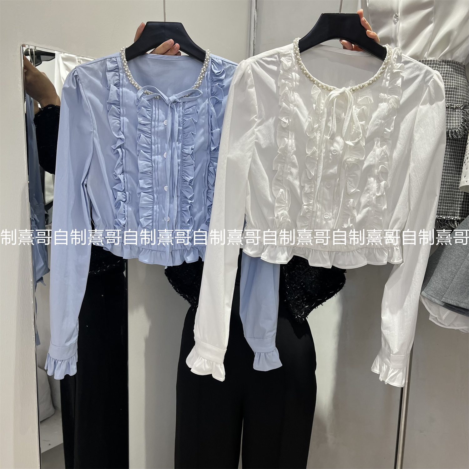 小个子甜美木耳花边拼接重工钉珠圆领系带单排扣修身短款长袖衬衫