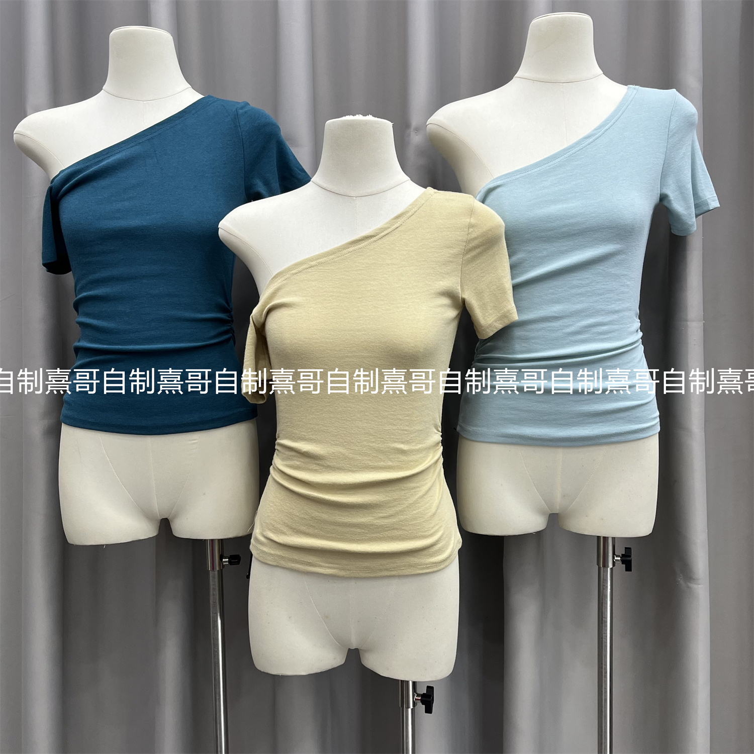 斜肩短袖T恤女夏季新款设计感小众修身显瘦内搭打底衫上衣ins潮