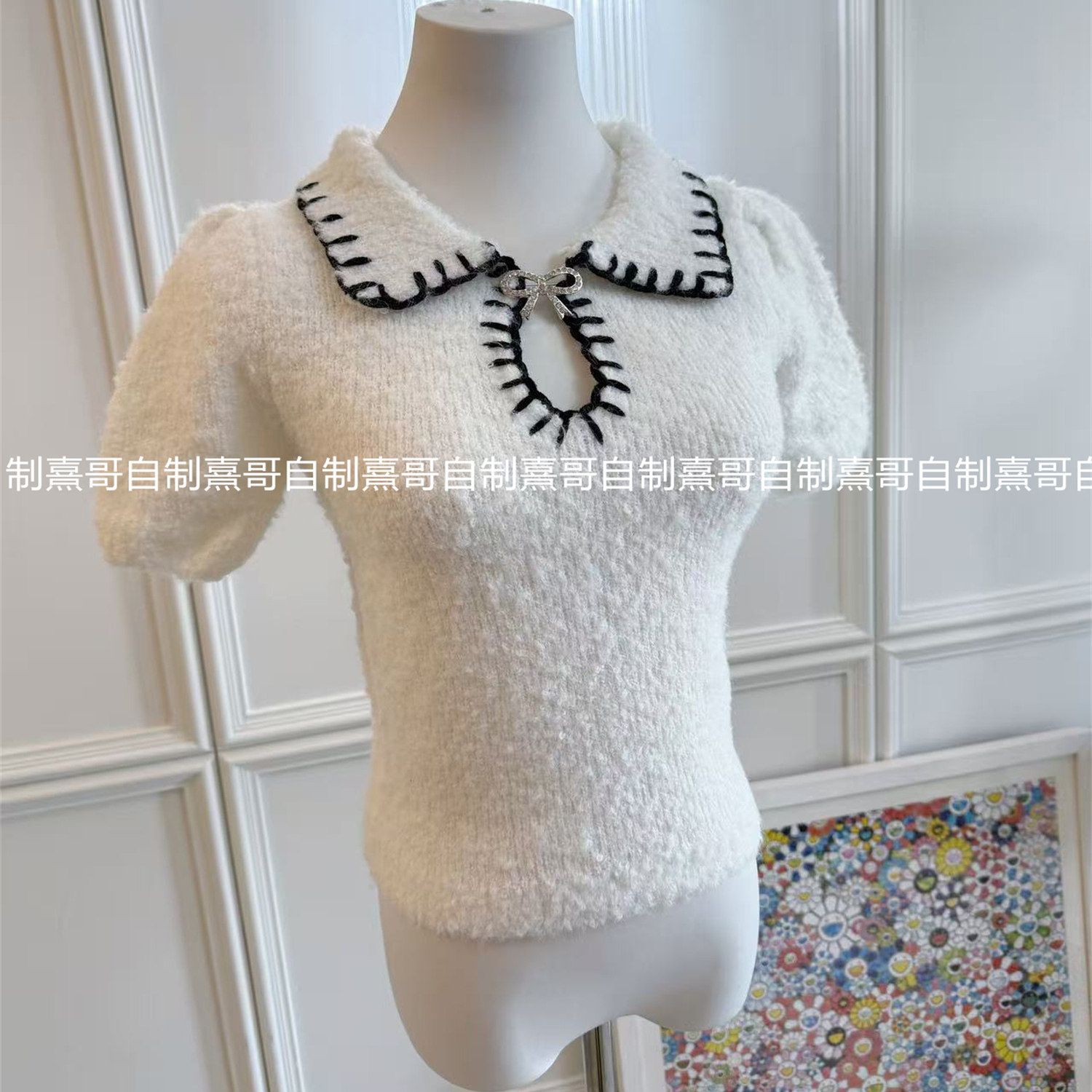 法式甜美小翻领镂空针织衫女短袖撞色千金感时髦减龄时尚毛衣上衣