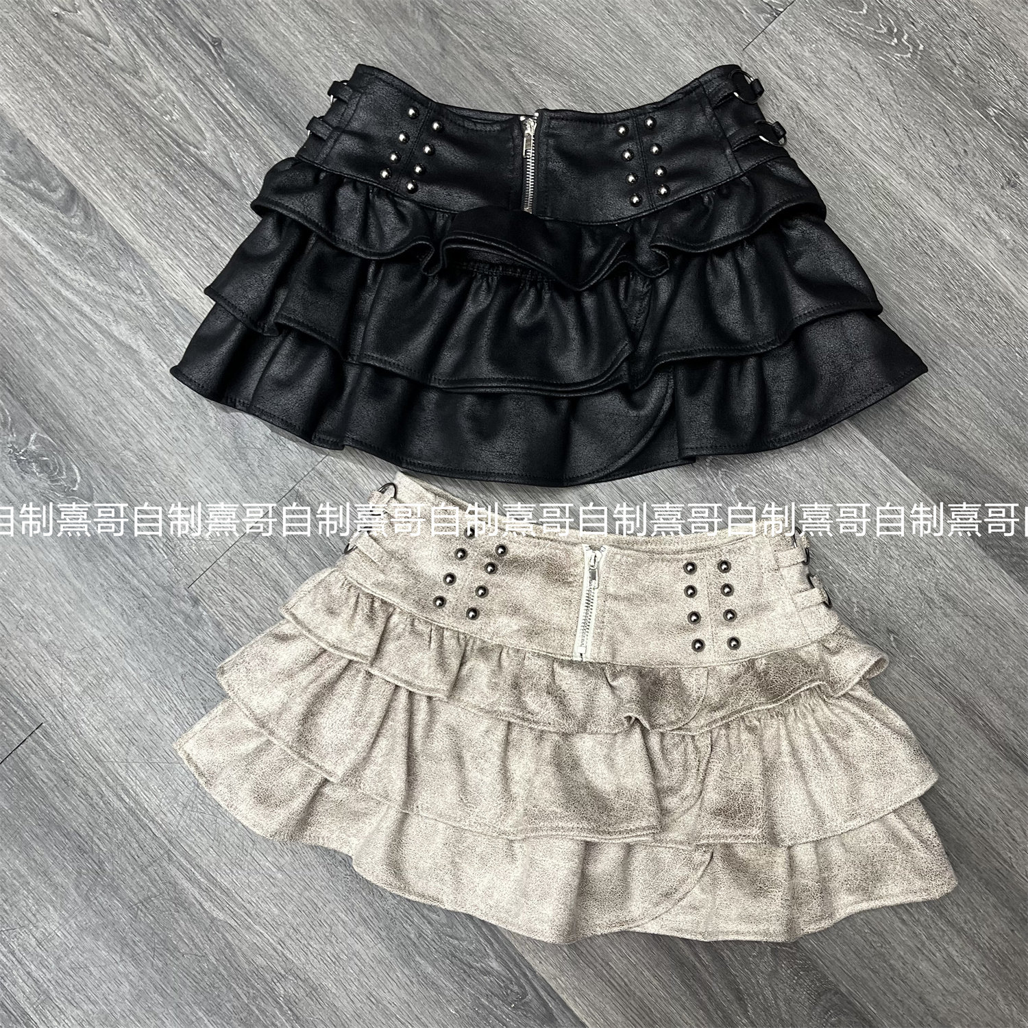 美式复古辣妹风百褶蛋糕皮裙女新款低腰显瘦辣妹半身裙蓬蓬皮裙