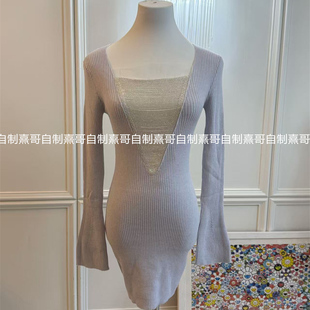 法式气质V领链条针织连衣裙女春季御姐绝美修身内搭性感包臀短裙