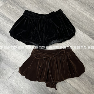 高腰显瘦百搭休闲短裤 女秋冬新款 设计感小众潮 复古丝绒花苞裤 法式