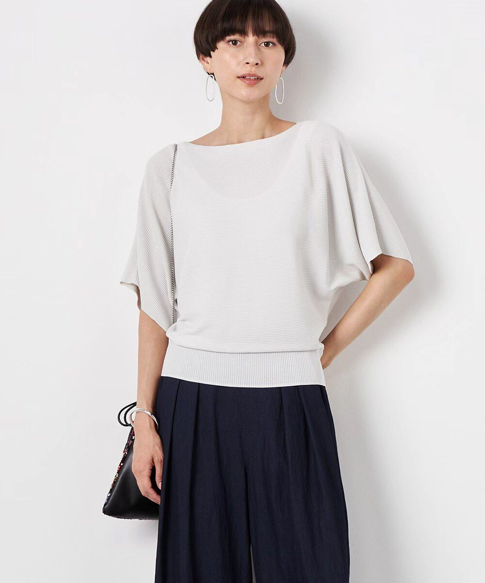 高级感LA一字领蝙蝠袖针织衫女春夏新款通勤风坑条收腰上衣