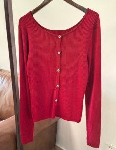 日单原单春秋季女红色贝壳扣针织开衫毛衣