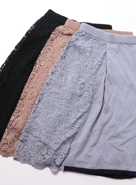 日单FA家气质蓝灰色蕾丝拼接不规则下摆春秋季针织半身裙