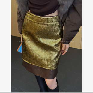 褶皱提花短裙拼接PU皮百搭半身裙 年会裙 MILD OATH