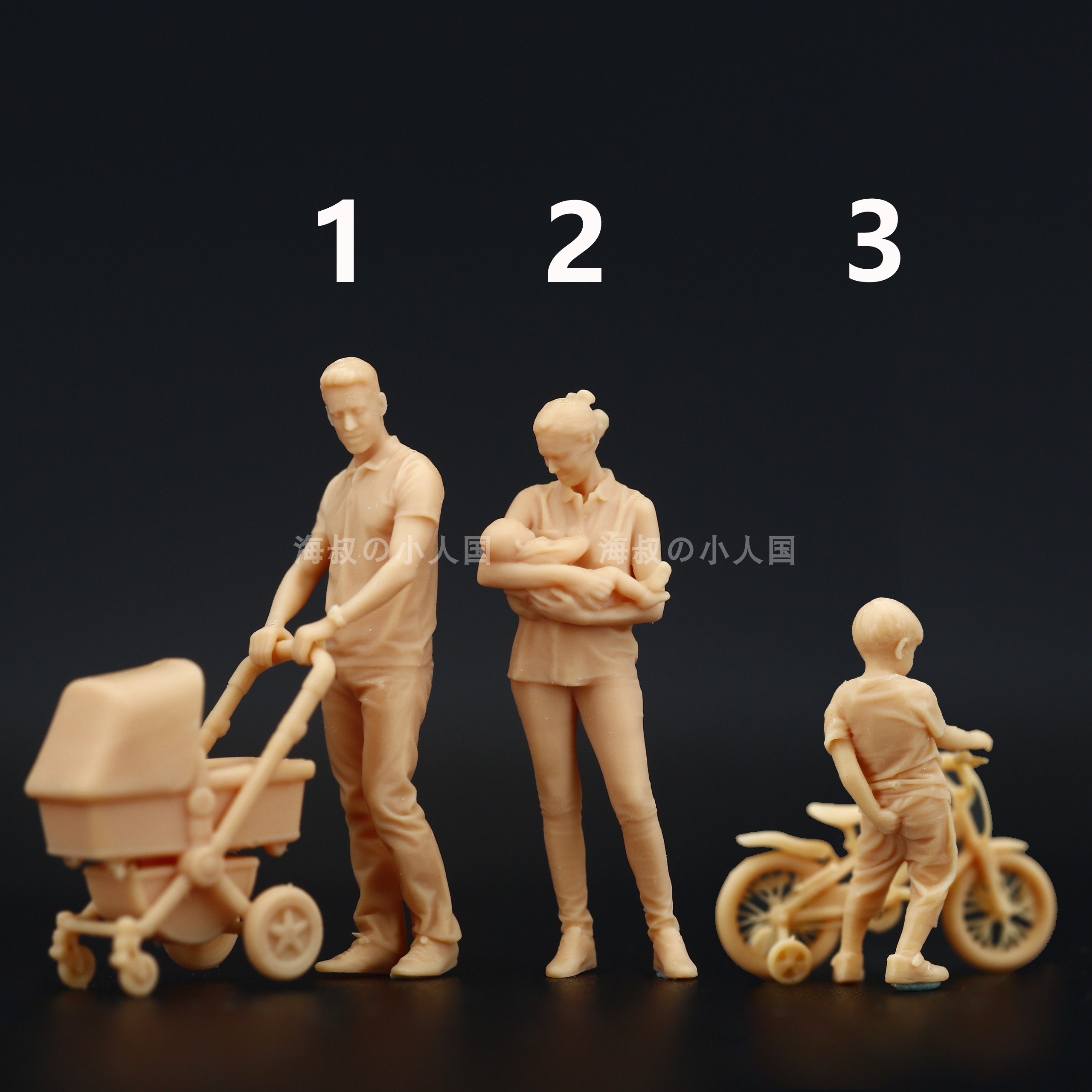 【海叔】A006推婴儿车夫妻儿童车1:64人偶模型手办1:87微缩小人