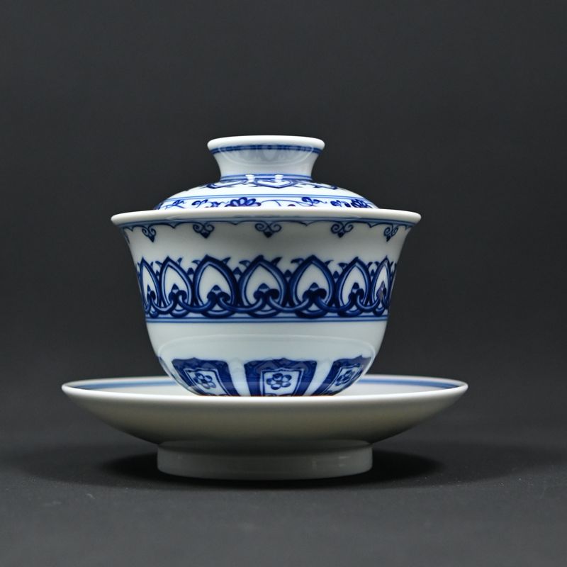 汲窑青花手绘景德镇三才盖碗