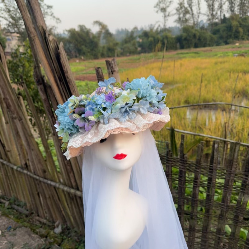 森系蓝色花朵发箍女圆形布艺系带头饰中长发适用拍照写真簪花道具