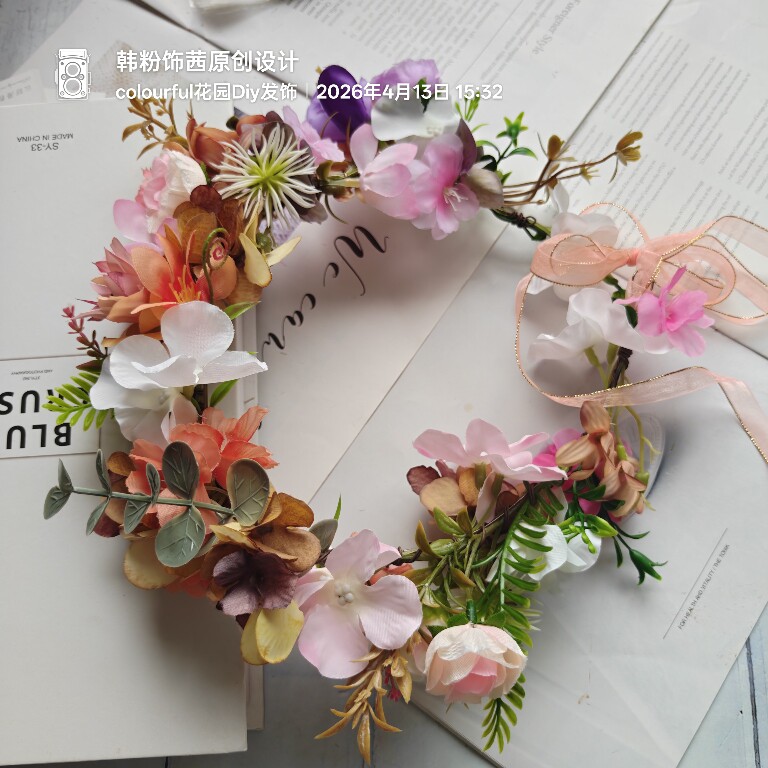 原创森系花环头饰花朵仙女公主发饰飘带簪花发箍粉色头花2026新款