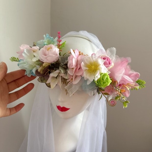 超仙甜美粉蓝花色精灵花环头饰森系皇冠汉服古装发饰公主头花原创