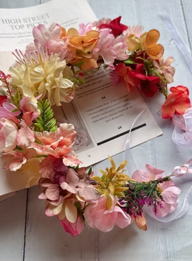 高端设计原创森系仿真花朵粉黄橙色花环头饰影楼写真仙女风发饰