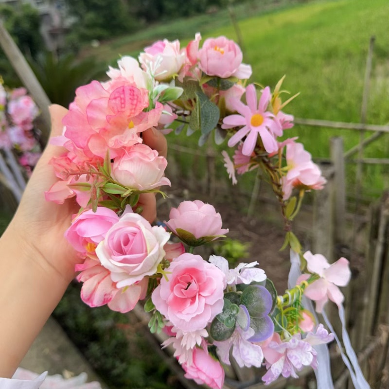 森系粉色布艺花朵仙女花环