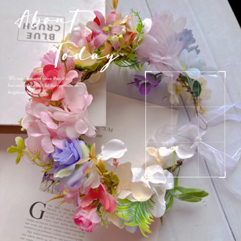 森系花朵粉蓝花色花环头饰布艺毕业季拍照道具写真头饰唯美复古