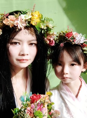 小清新花仙子原创设计成人 儿童粉紫黄色表演头饰新娘拍照花环