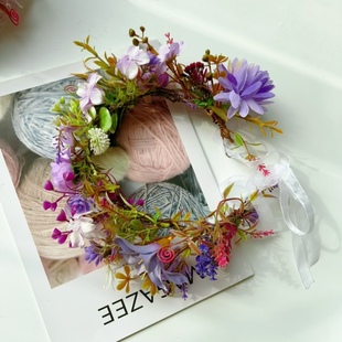 DIY新品情人节仿真玫瑰花头饰浅紫色花环蜡烛花婚礼桌花烛台花环