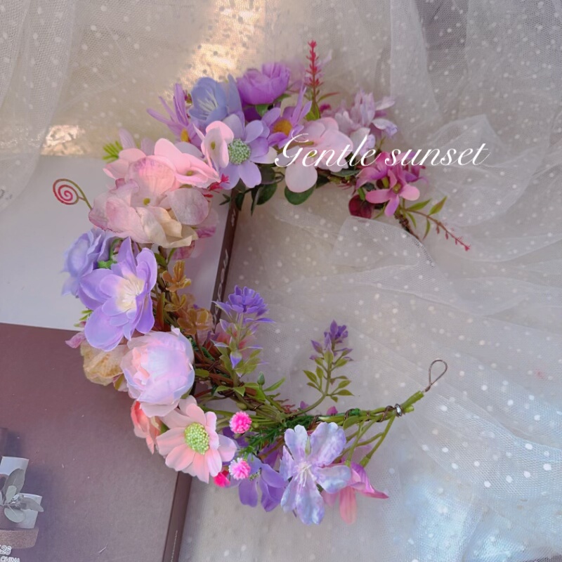 森女超仙仿真花环头饰紫色粉色花朵编织花圈发饰演出道具