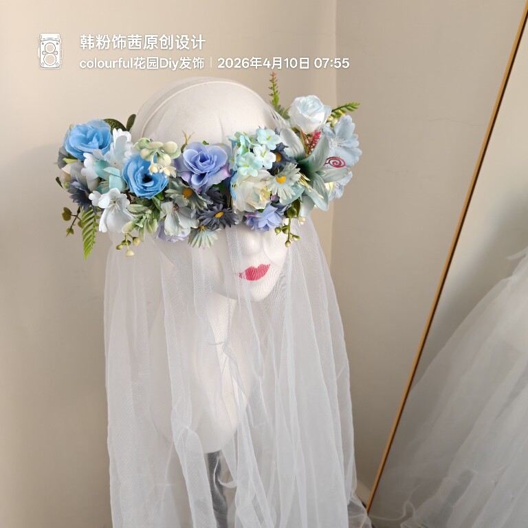 日韩新款森系新娘结婚头饰超仙蓝色花朵绿叶花环发箍少女减龄配饰