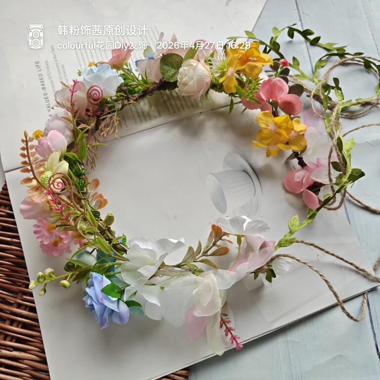 森系仿真花环粉蓝黄色头饰毕业典礼拍照彩色花卉发饰影楼写真头花