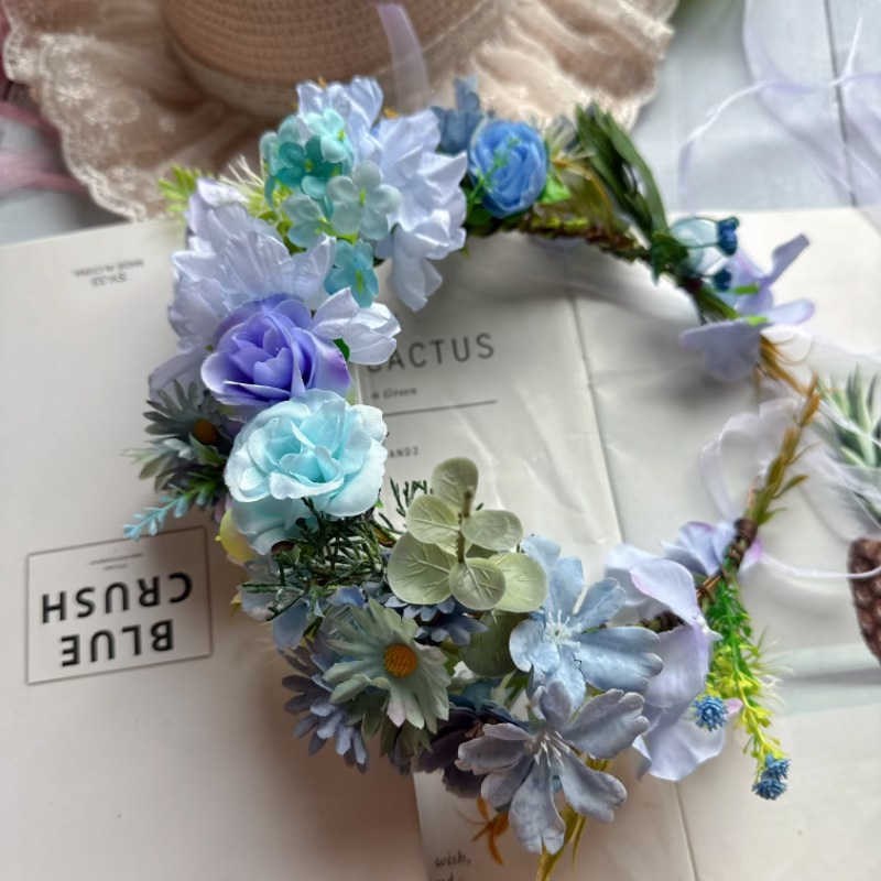 原创森林系花环ins蓝色花朵头饰新娘婚纱摄影写真绿植婚礼发饰
