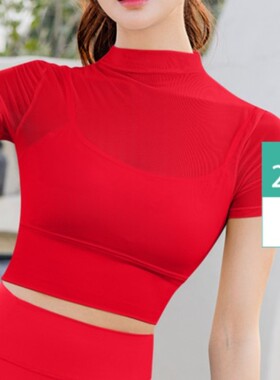 瑜伽服网纱假两件短袖运动一体式T恤跑步上衣5021