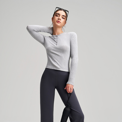 骨感辣妹 Hold Tight 螺纹亨利领运动休闲瑜伽健身显瘦长袖T恤