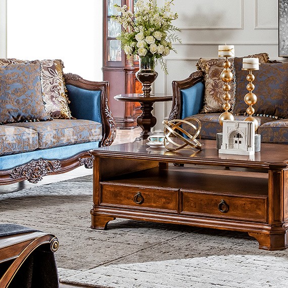 美式休闲乡村古典风全实木雕花茶水桌精致FINE经典长茶几带抽屉柜