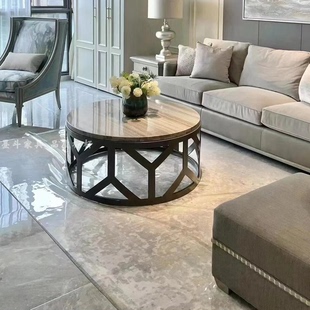 美克art家具晶粹茶几 现代美式乡村复古金属圆形大理石咖啡桌定制