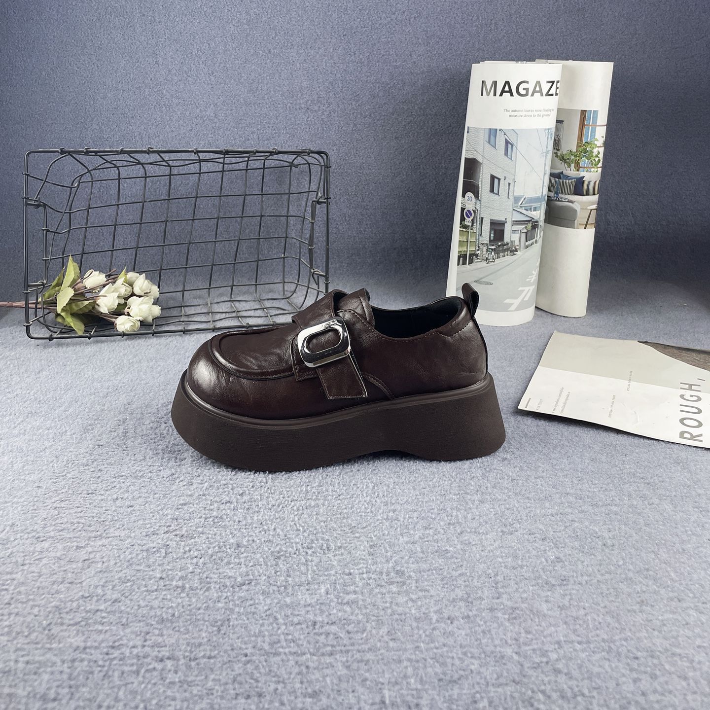 牛皮增高厚底魔术贴皮带扣乐福鞋